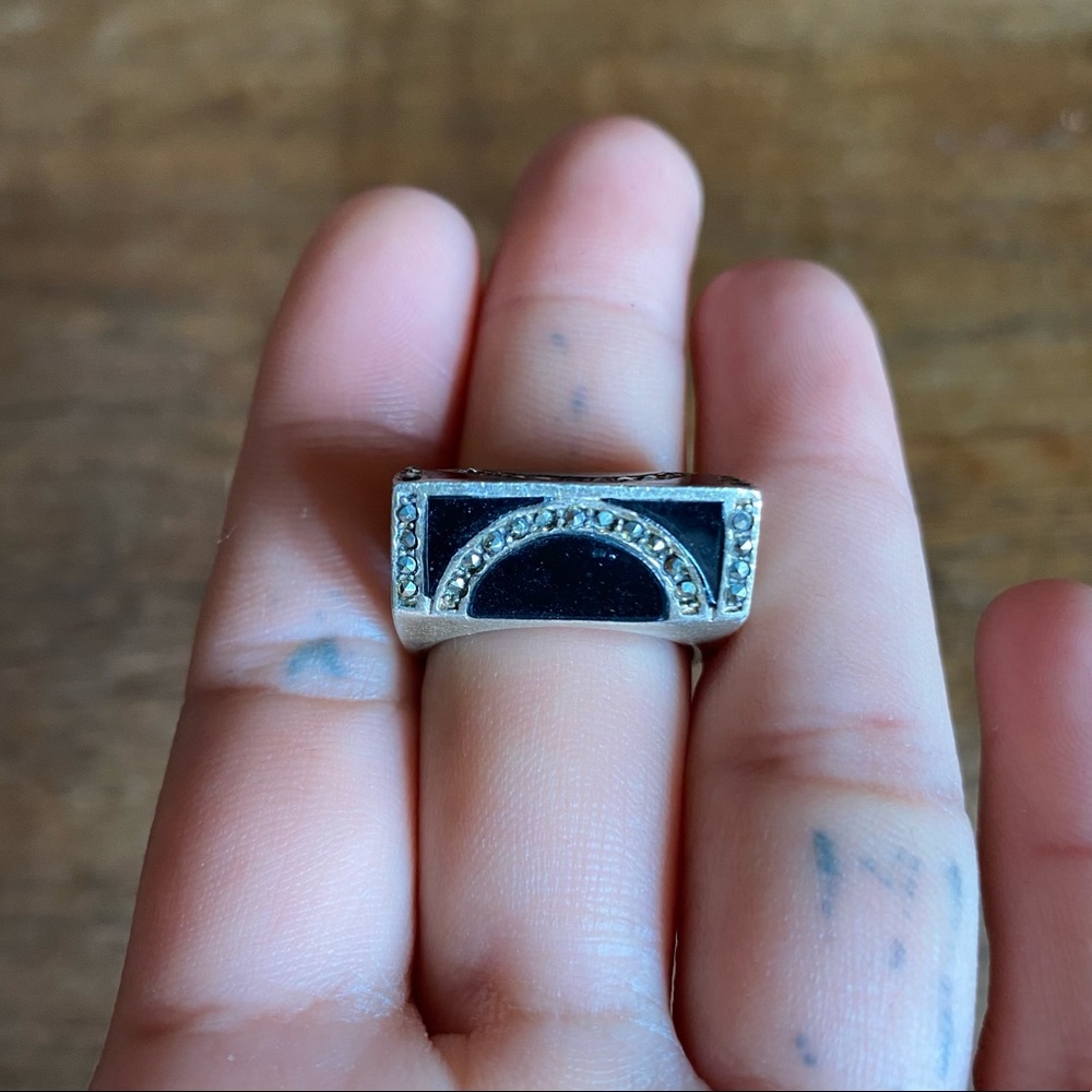 Sterling Black Onyx, Marcasite sz 7 Ring